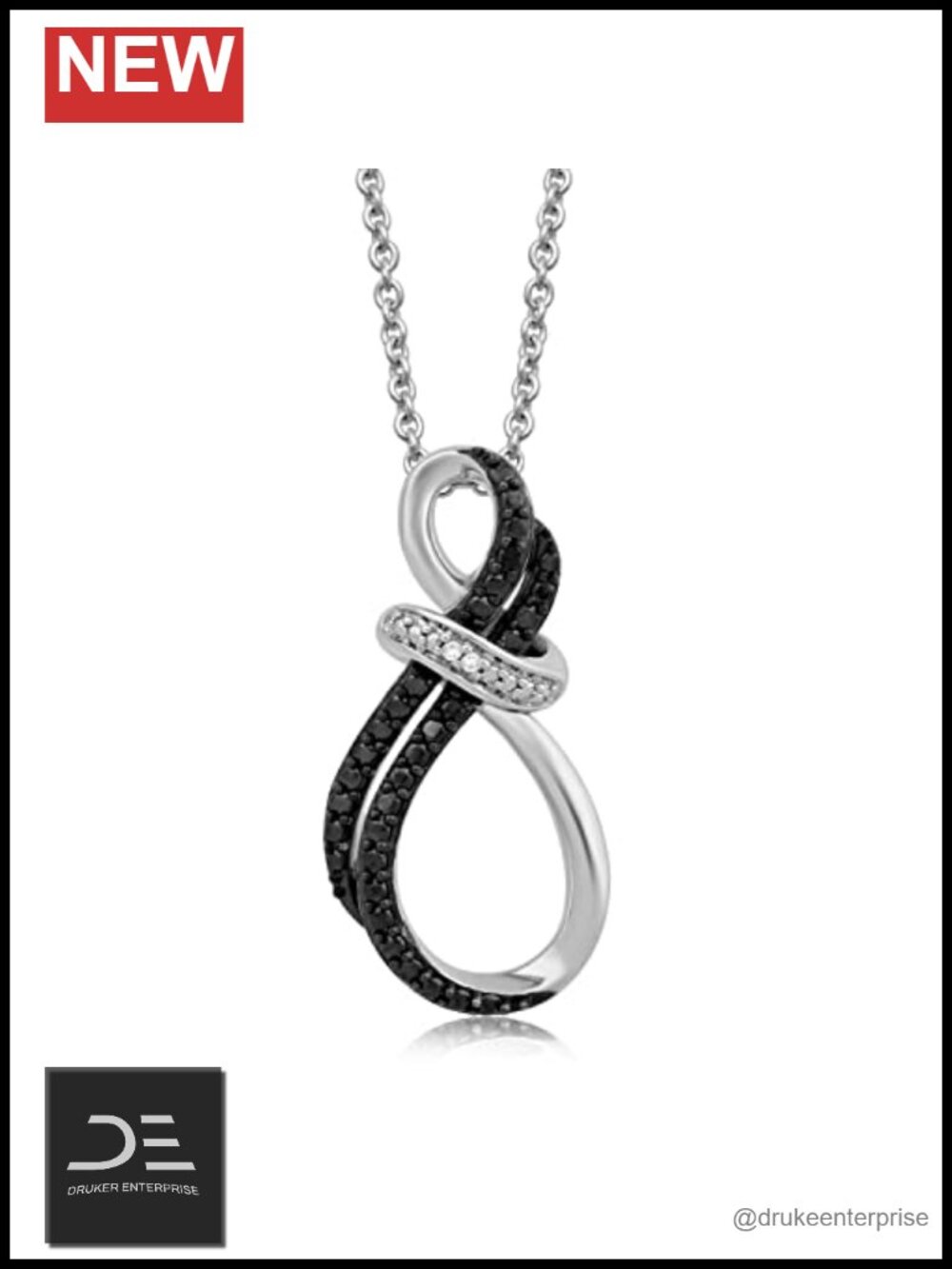 925 Sterling Silver Infinity Pendant Necklace Black White Diamonds 18"